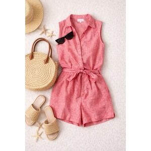 Joie Linen Romper Pink Belted Summer Vacation Resort Shorts Size S‎